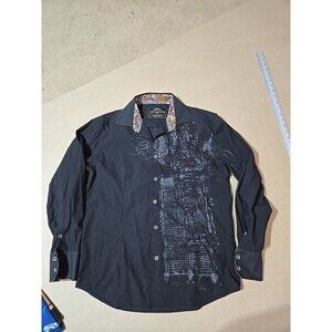 Rnz Premium Mens Button‎ Down Shirt Black Graphic Paisley L Bling Dressy Edgy